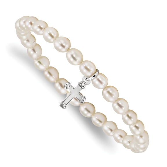Primal Silver Sterling Silver Cross Freshwater Cultured Pearl 5 Inch Stretch Bracelet
