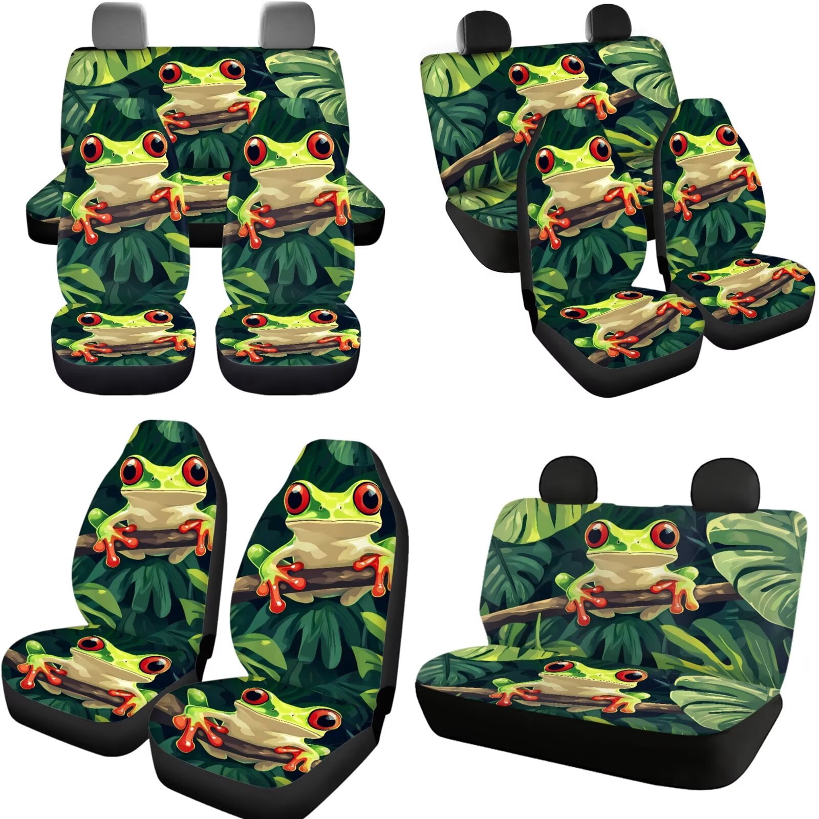 Jeiento Funny Tree Frog 11 Pieces Car Seat Cover Full Set, with Automotive Headrest Covers Coasters Gear Shift Knob Cover Handbrake Cover Keychain Universal Fit for SUV Truck Van Sedan