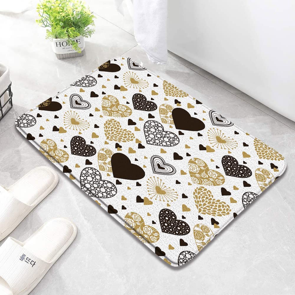 Hearts Bath Mats for Bathroom Romance Valentines Black and Gold Love on White Background Memory Foam Flannel Bath Floor Rugs for Kitchen Bathtub Laundry 23.6 x 15.7 Inch