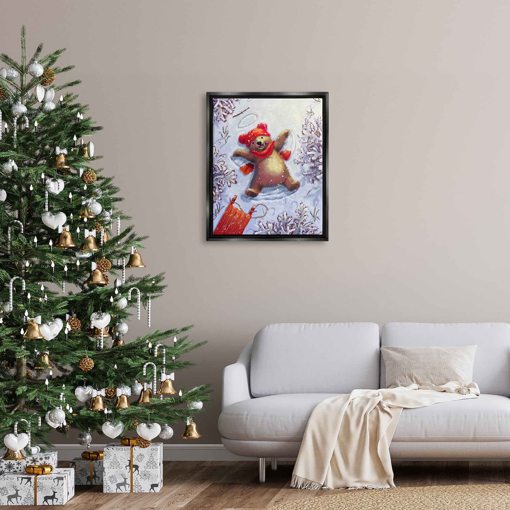 Stupell Industries Bear Cub Snow Angel Sled Holiday Painting Black Floater Framed Art Print Wall Art