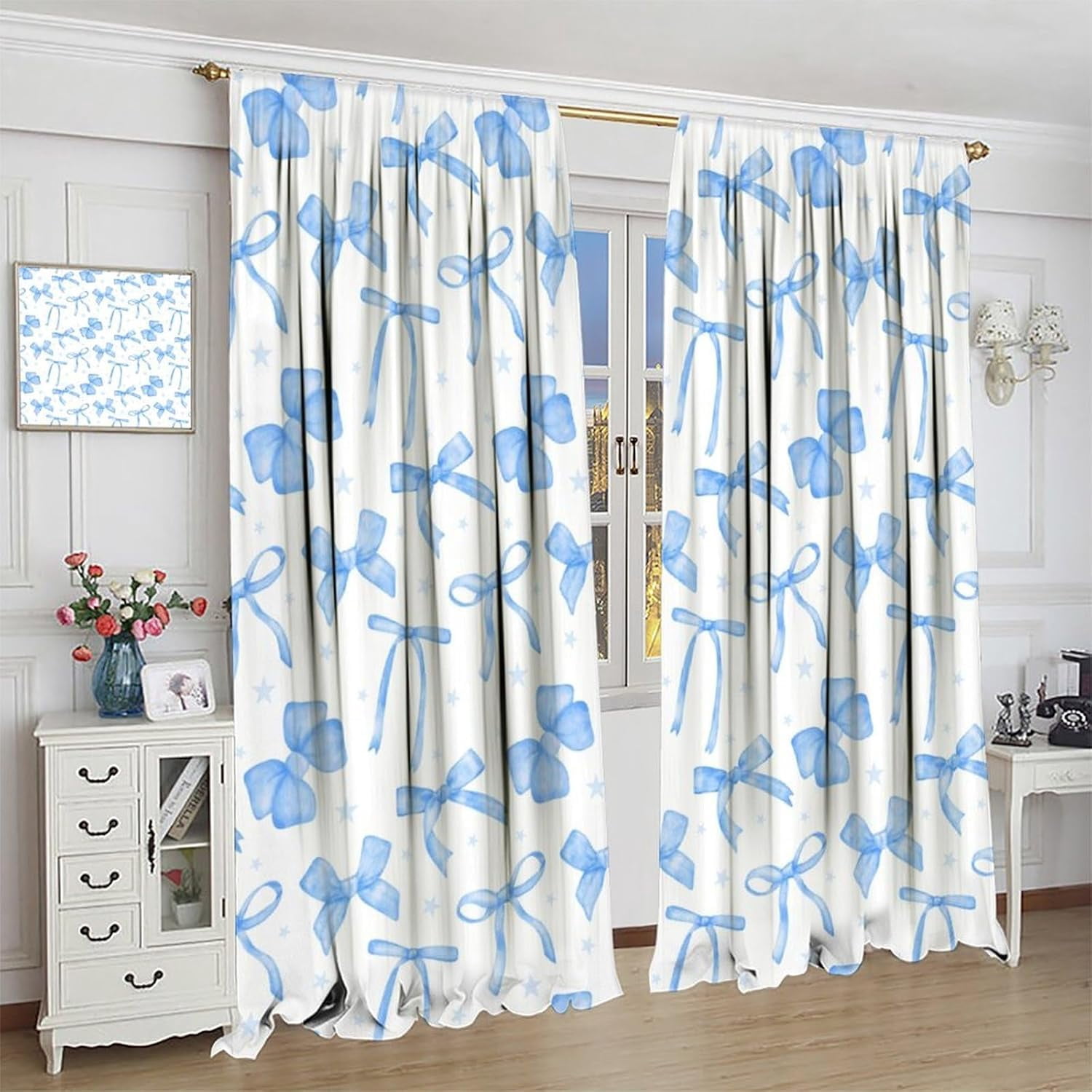 Blue Bow Curtains for Girls, Coquette Ribbon Bow Princess Romantic Aesthetic Window Drapes Curtain for Kids Girls Bedroom Livingroom Bathroom, 63" W X 63" L