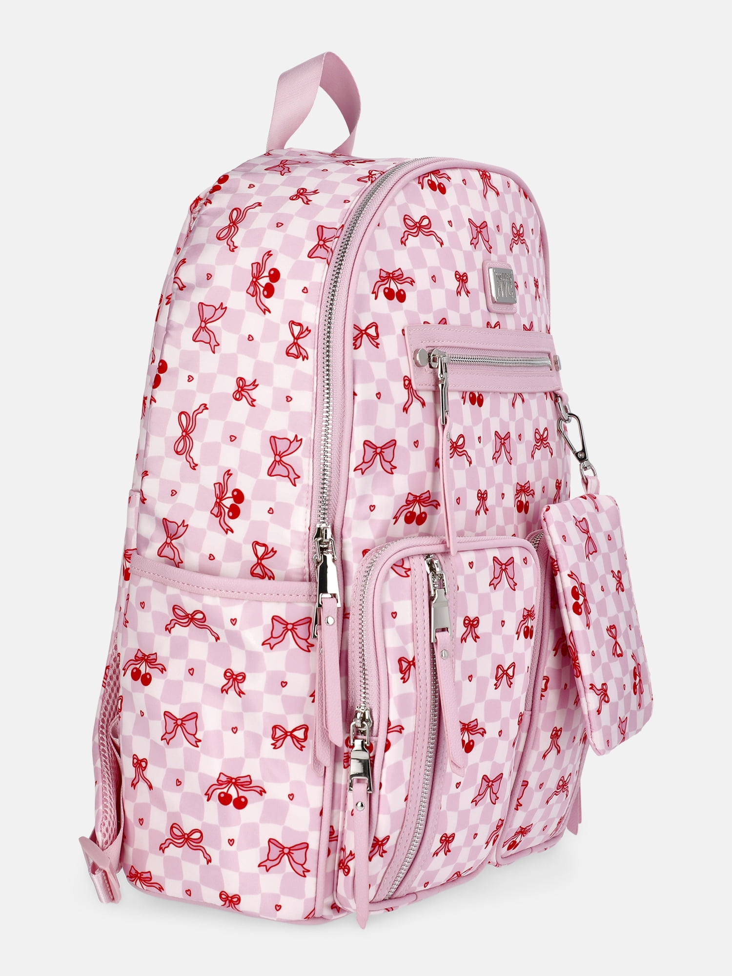 MNYC Women's Double Pocket Dome Backpack Pink Cherries