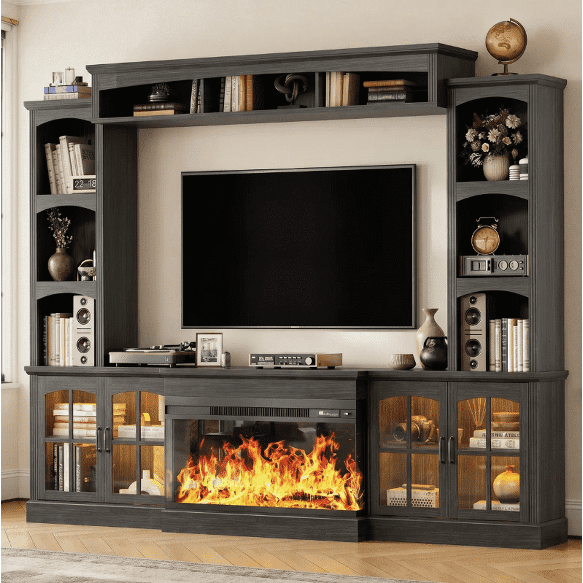 Easoger 98" Large Entertainment Center Wall Unit – 3-Sided Electric Fireplace TV Stand for 75" TV, Farmhouse Storage Cabinet with Glass Doors & Adjustable Shelves, Black