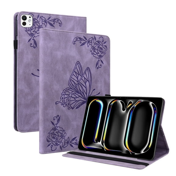 Dteck Butterfly Pattern Case for iPad Pro 11 inch 2024,Magnetic Leather Card Slots Wallet Case Shockproof Kickstand Cover for iPad Pro 11-in. (M4) ,Purple