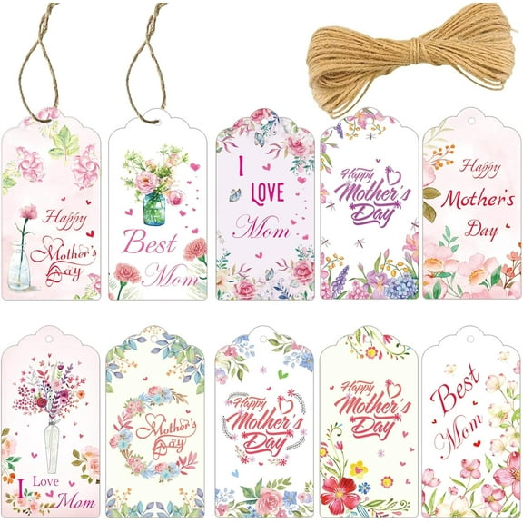 100 Pcs Mother's Day Paper Gift Tags Label Happy Mothers Day Hanging Labels Colorful Flower Best Mom Tags Flower Mothers Day Tags with String Mothers Day Gift Tags