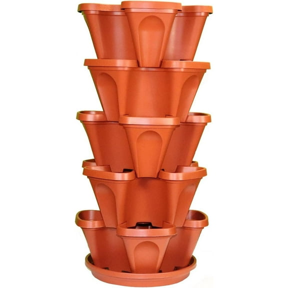 Mr. Stacky 5-Tier (2-Pack) 13x13x6 Strawberry Stackable Planter, 10 Total planters - Terracotta Color