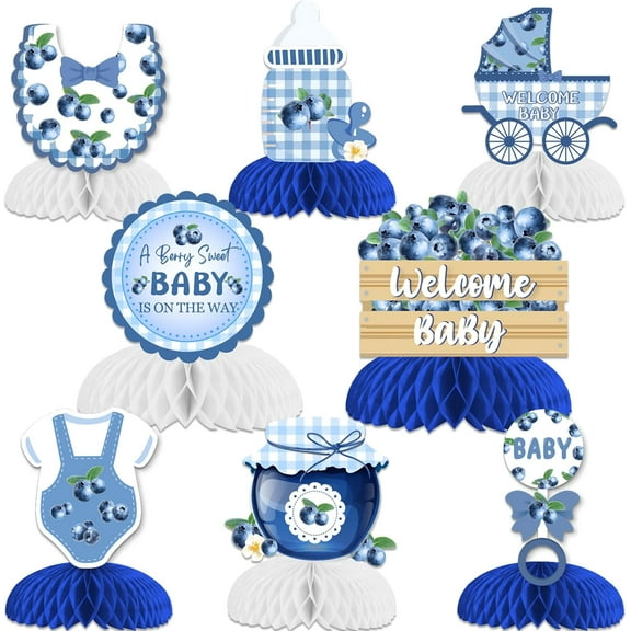 Jollyboom Berry Baby Shower Decorations Girl, 8pcs A Berry Sweet Baby Is on The Way Honeycomb Centerpiece Blueberry Double-Sided Printing Table Decoration for Fruit Theme Baby Shower Party Decoration