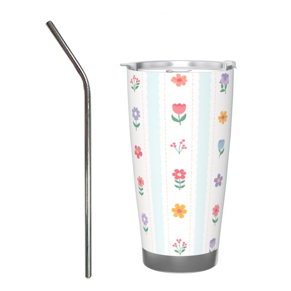 20oz Cottagecore Floral Stripe Tumbler Insulated Car Cup Travel Coffee Cup Gift for Women with Stainless Steel Straw
