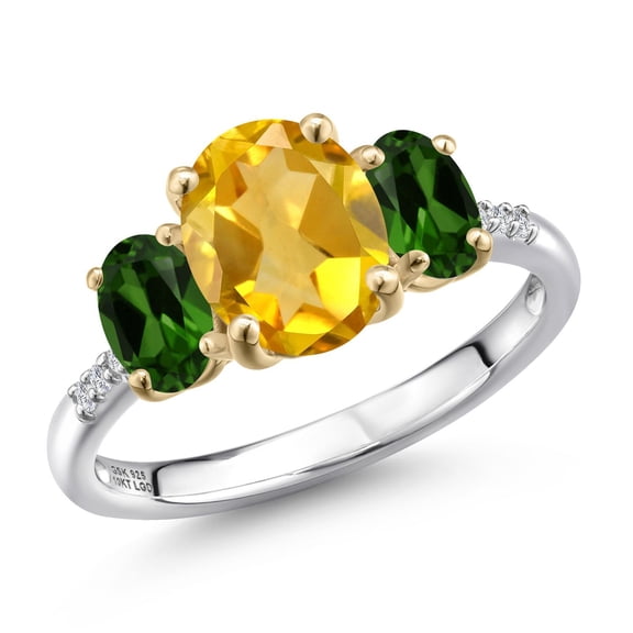 Gem Stone King 925 Silver and 10K Yellow Gold Yellow Citrine and Green Chrome Diopside and Lab Grown Diamond Engagement Ring for Women | 2.66 Cttw | Oval 9X7MM | November Birthstone | Size 5