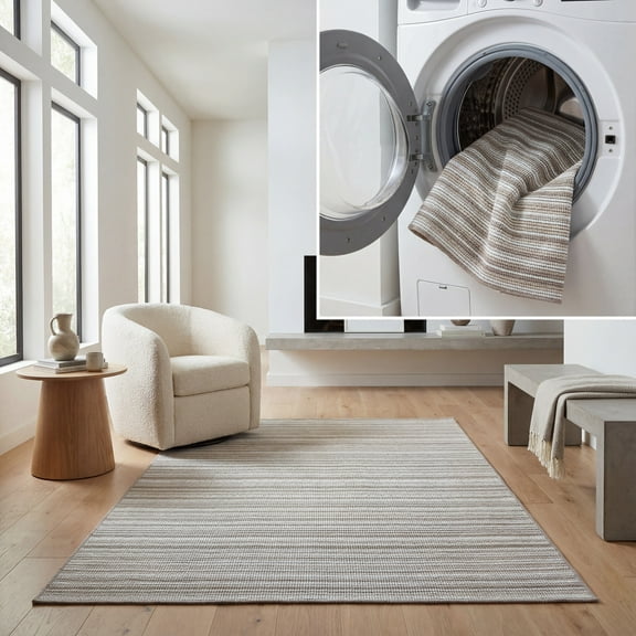 SAFAVIEH Escape Ilarion Striped Machine Washable Area Rug, Beige/Brown, 6'7" x 6'7" Square