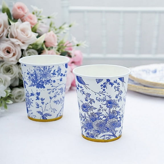 BalsaCircle 24 White 9 oz Blue Floral Design Disposable Paper Drinking Cups Gold Rim Party Events Decorations