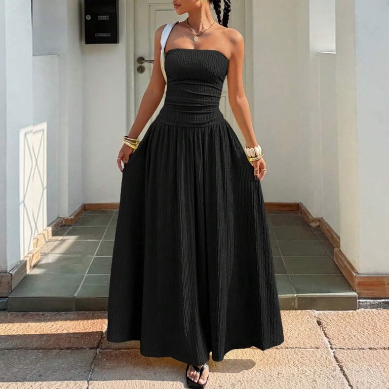 ruched bodycon tube dress Domzest Womens Strapless Maxi Waist Flowy Ribbed A Line Long Dress Summer Casual Dress for Beach & Going Out Black XL Mini dress