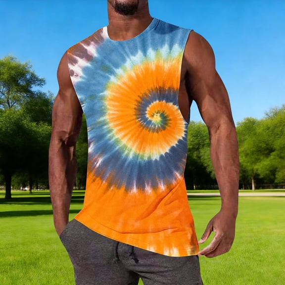 COSFO Summer Tank Top Men Muscle Tie Dye Running Graphic Tees Crew Neck Moisture Wicking Breathable Sleeveless Classic Fit Shirts