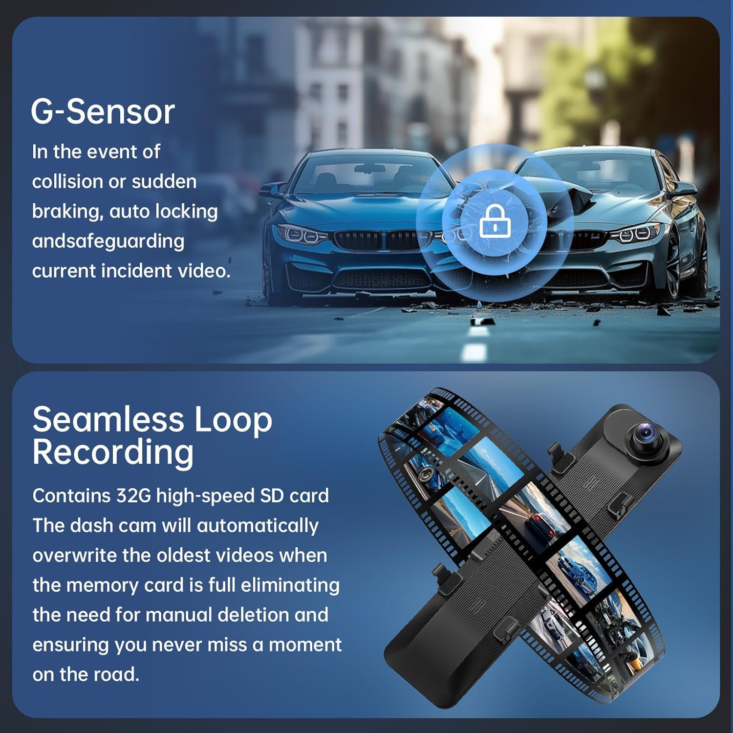 4K UHD Dual Dash Cam Front and Rear, 12"Touch Screen Mirror Dash Cam, Night Vision, Voice Control, G-Sensor, Including 32GB SD"