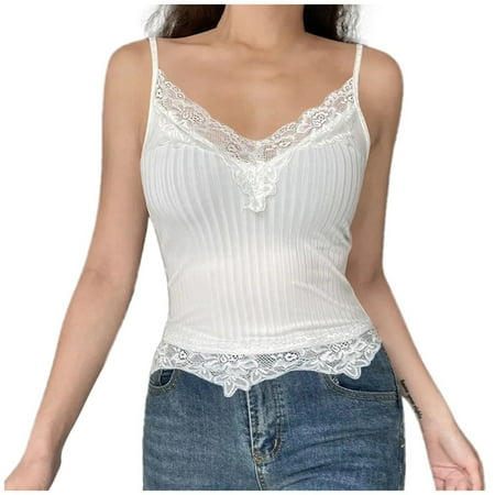 QYZEU Plus Size Tank Tops for Women Dressy Lace Trim Ribbed Deep V Neck Crop Camisole Sexy Slim Fit Sleeveless Tank Top Bodysuit Soft Breathable Lightweight Tops White L