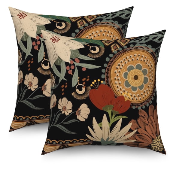 Dashan Spring Throw Pillow Covers 18x18 Set of 2,Vintage Boho Floral Black Decorative Pillow Cases for Bedroom Sofa Couch