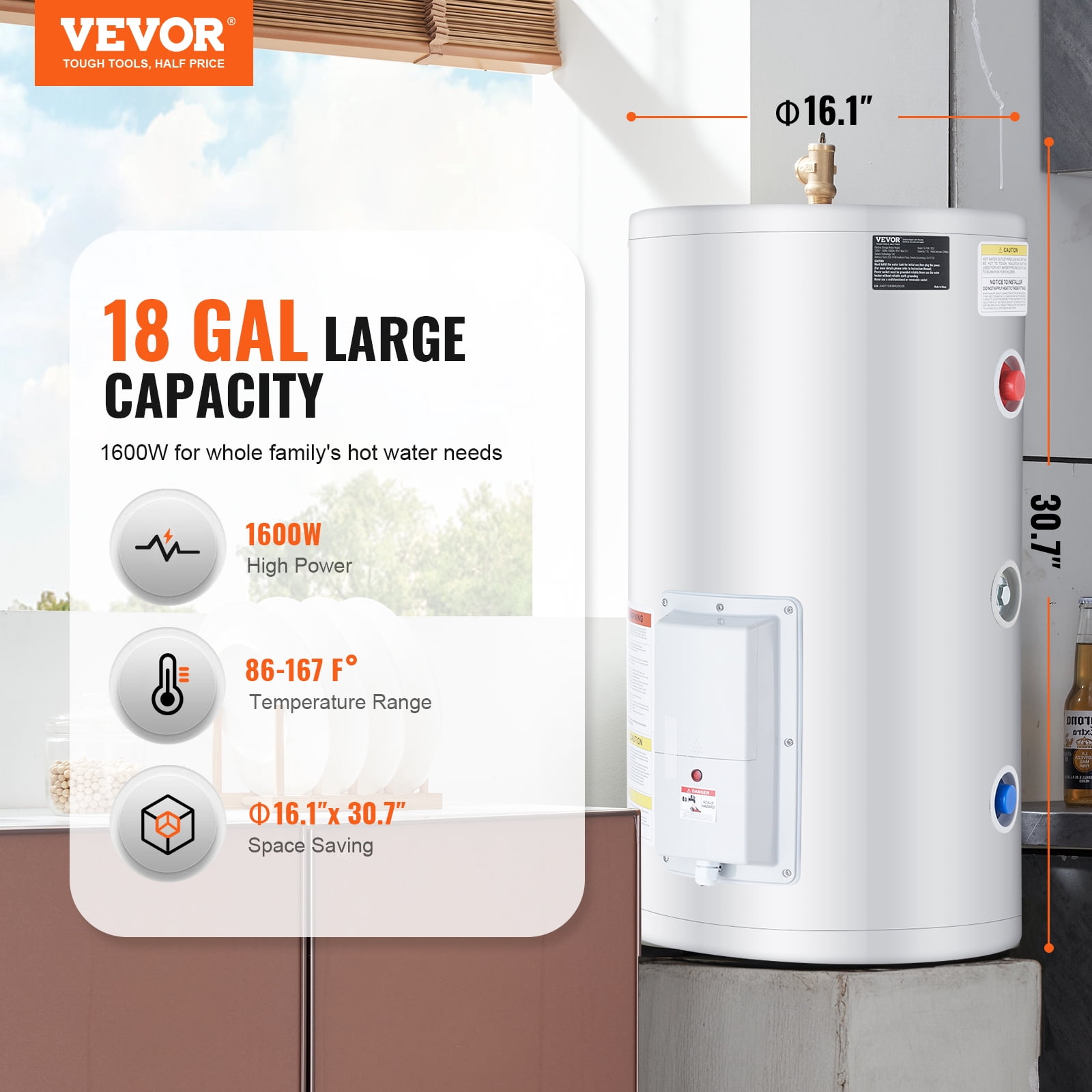 VEVOR Electric Water Heater, 18 Gallon Tank Instant Hot Water Heater, 1.6Kw Tankless Water Heater ,Knob Control, IPX4 Waterproof Side Connection On Demand Heaters for Shower, Bath