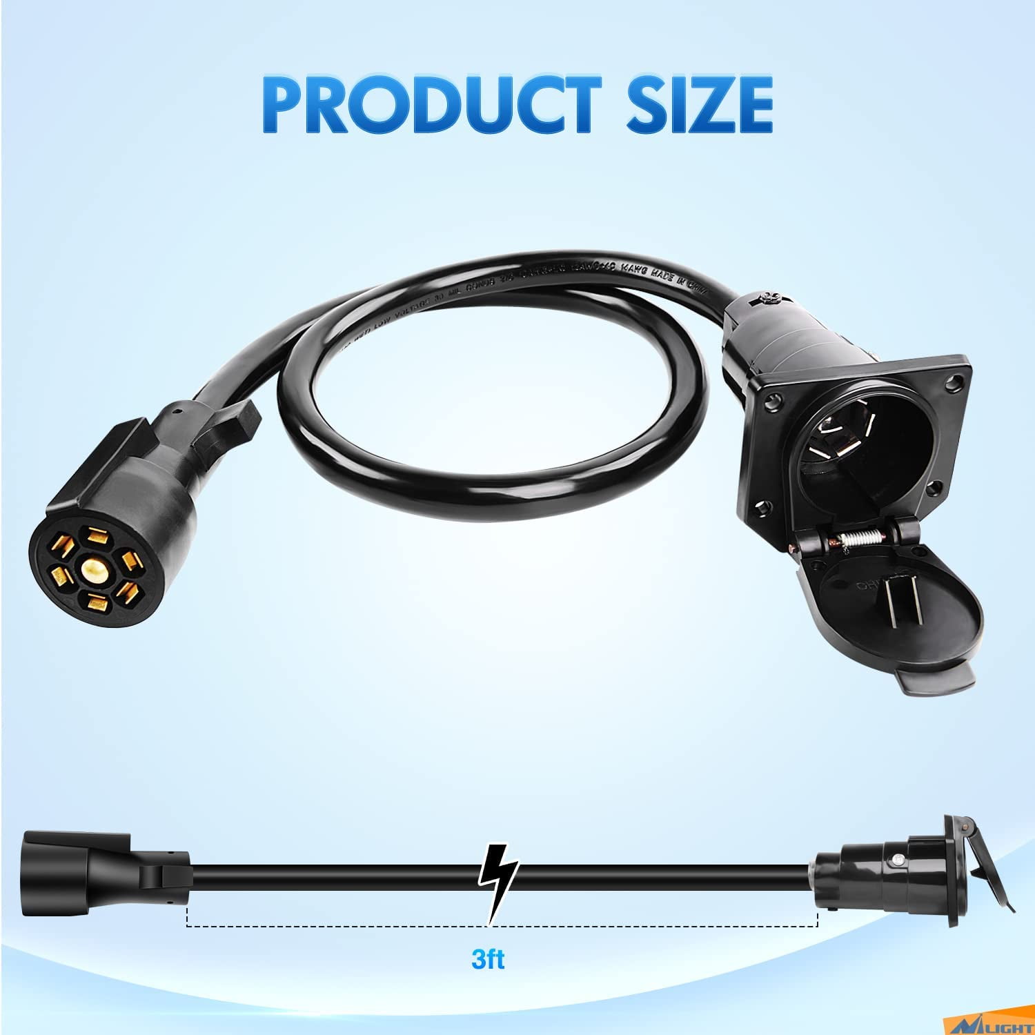 Nilight 7-Way Trailer Wiring Harness Extension Cable, 3FT, 10-14 AWG, Double-Prong Copper Terminals, 7-Blade Connector