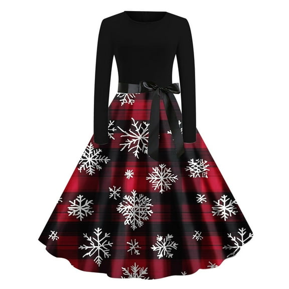 Lorytime 50s Style Dresses for Women Christmas Tree Crew Neck A Line Dress Long Sleeve Party Dresses with Belt