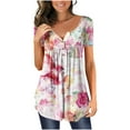 thumbnail image 1 of EGNMCR T-Shirts pour Femmes Mode Col en V Tunique Imprimée Florale Boutons Manches Courtes T-shirt, 1 of 6