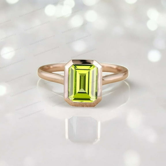 KANISHKAGEMS&JEWELS 8x6MM / 1Ct Vintage Peridot Engagement Ring Rose Gold Plated Bezel Set Ring Green Gemstone Proposal Jewelry Gift For Her