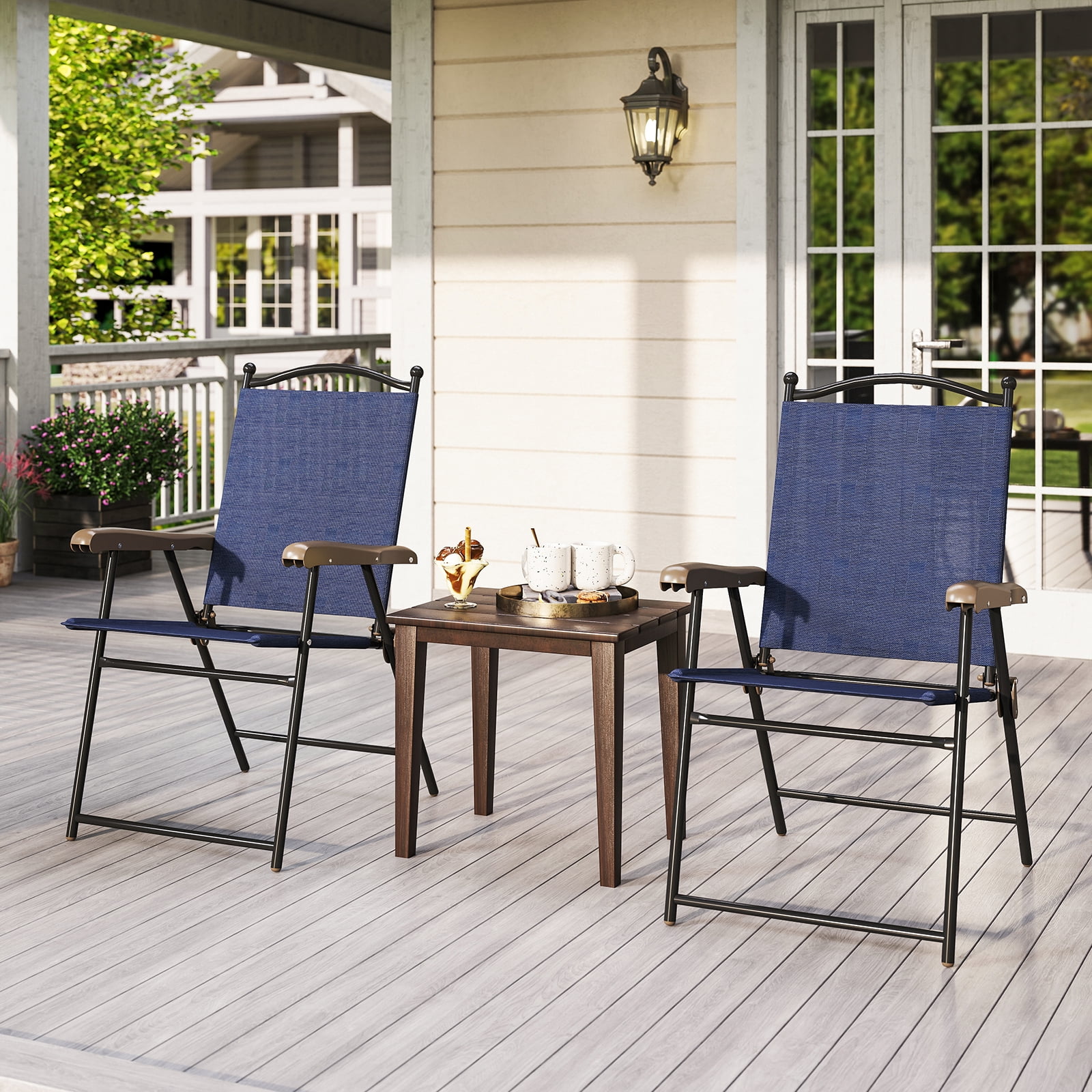Gymax Patio Folding Chairs Set of 2 Outdoor Dining Chairs w/ Ergonomic Backrests & Armrests