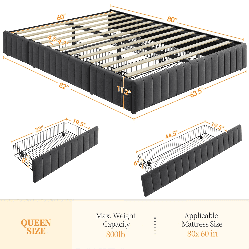 Fullfurnique Upholstered Platform Bed Frame with Three Storage Drawers, Full, Dark Gray