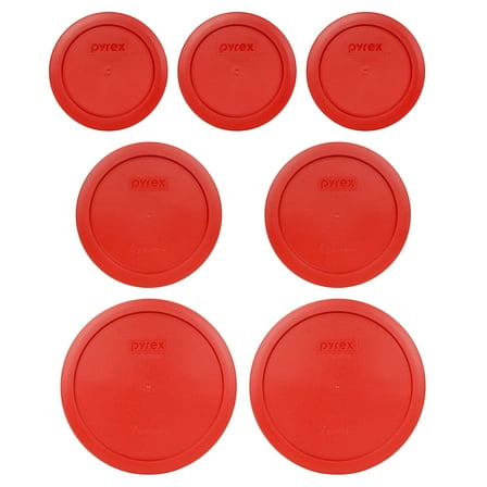 Pyrex (3) 7200-PC 2-Cup, (2) 7201-PC 4-Cup, and (2) 7402-PC 6/7-Cup Poppy Red Lids