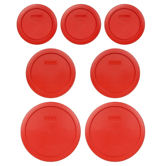 Pyrex (3) 7200-PC 2-Cup, (2) 7201-PC 4-Cup, and (2) 7402-PC 6/7-Cup Poppy Red Lids