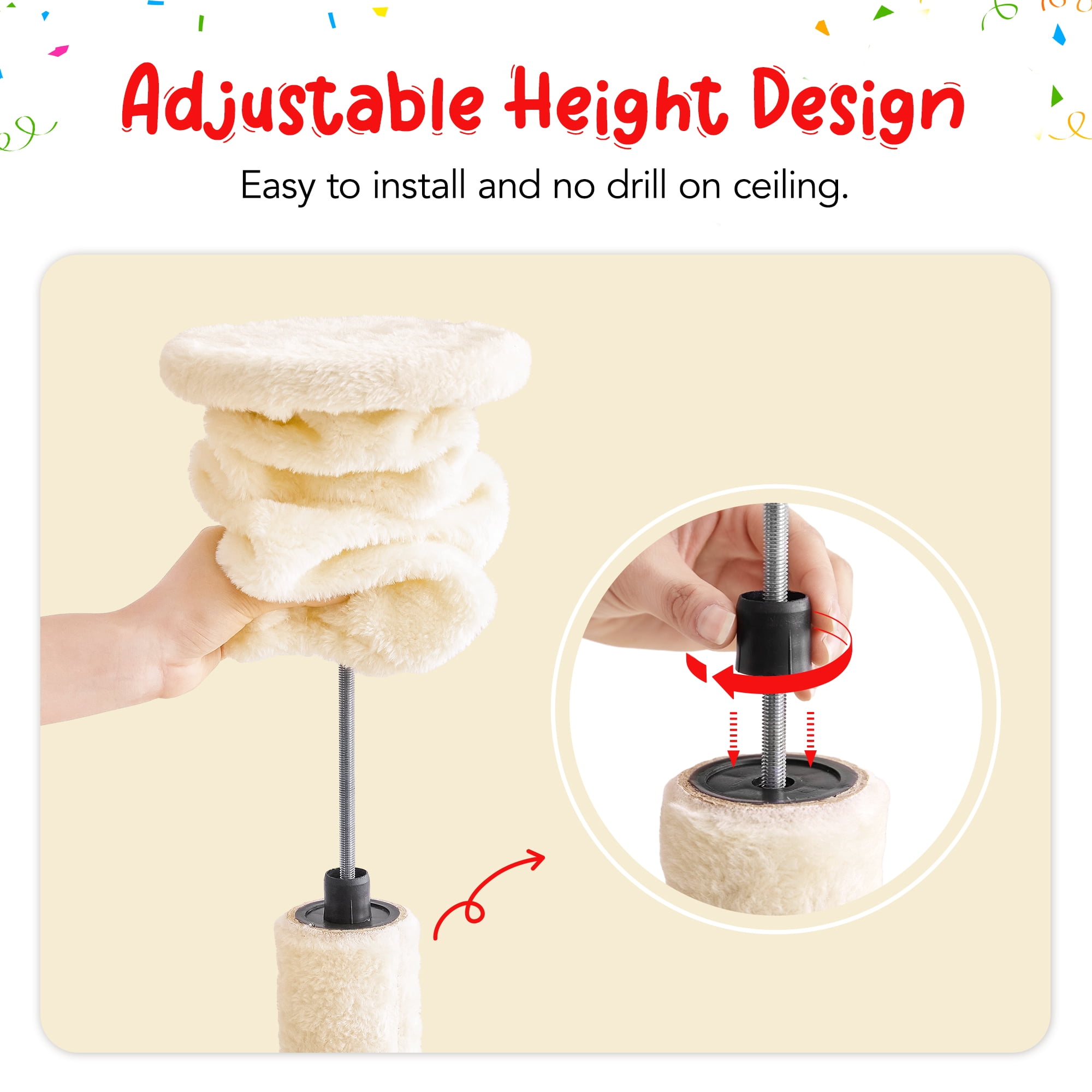 Furcato Cat Tree, Floor to Ceiling Cat Tower Adjustable Height [92.9-102.4 in=235-258cm], 7 Tiers Cat Climbing Play House, Beige