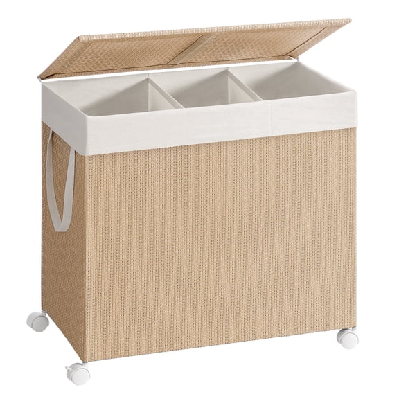 SONGMICS HOME Laundry Hamper with 3 Section, Large 140 L, Rolling, with Wheels and Lid, Removable Liner with Handles, Natural Beige and Matte White