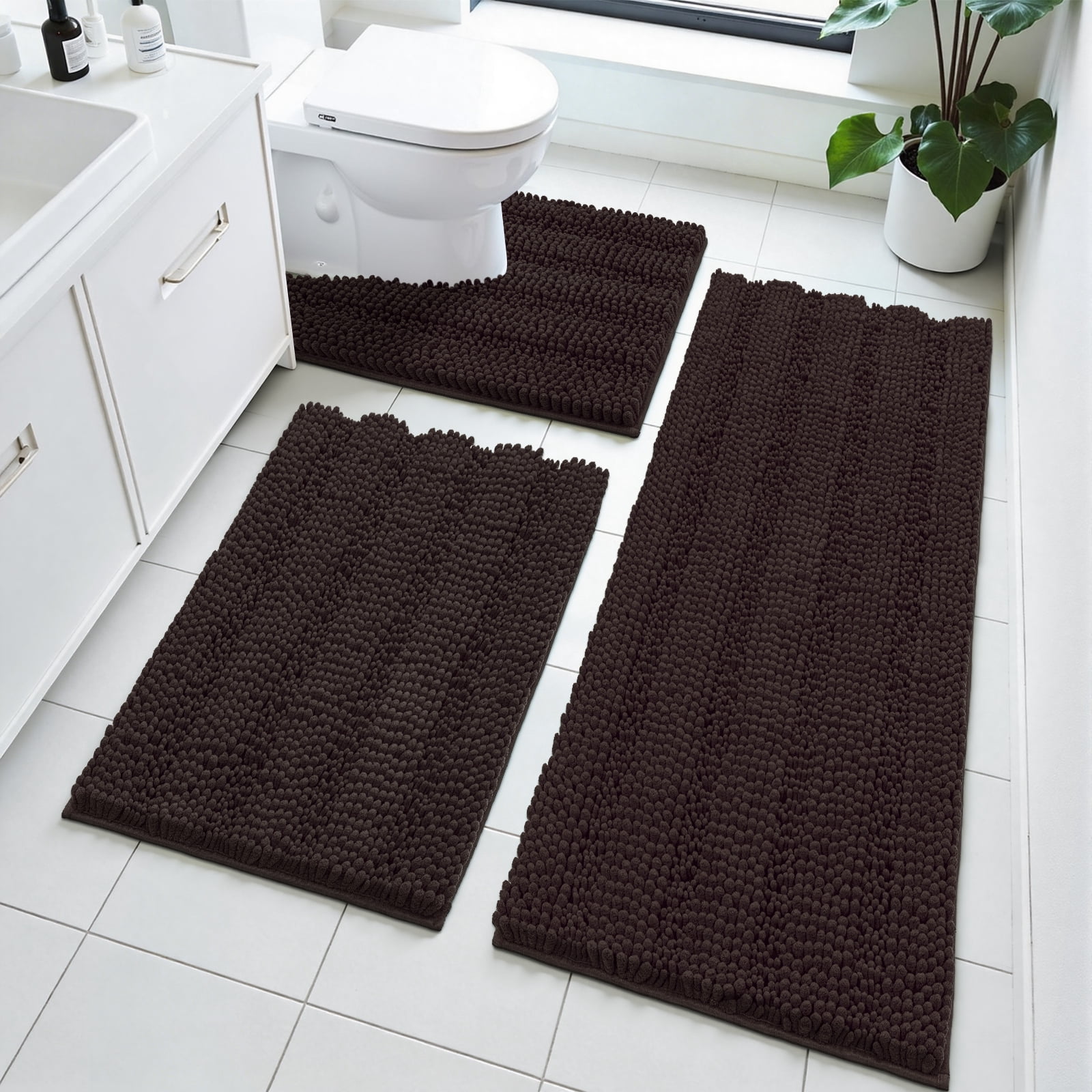 Ileading Ultra Soft Bathroom Rug Set 3 Pieces, Non Slip Thick Chenille Striped Bath Mat, Absorbent Plush Shaggy Bath Rugs for Bathroom, Brown