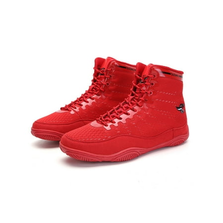 

Eloshman Unisex Wrestling Shoe Combat Boxing Shoes Breathable Fighting Sneakers Training Lightweight High Top Boots Anti Slip Red 10.5