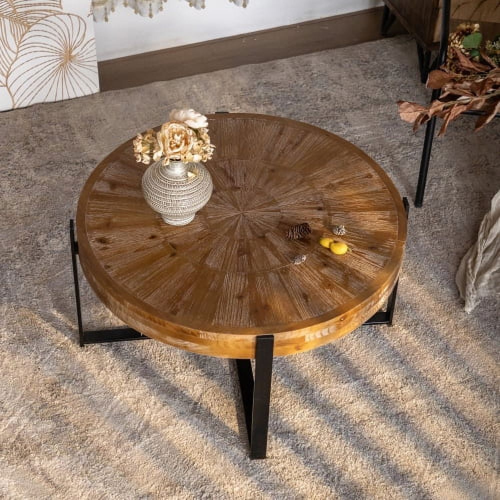 BSHTI 33.46"Retro drawing technology Splicing Round Coffee Table,Fir Wood Table Top with Black Cross Legs Base