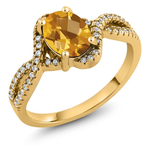 Gem Stone King 1.83 Ct Oval Checkerboard Yellow Citrine 18K Yellow Gold Plated Silver Ring (Size 9)