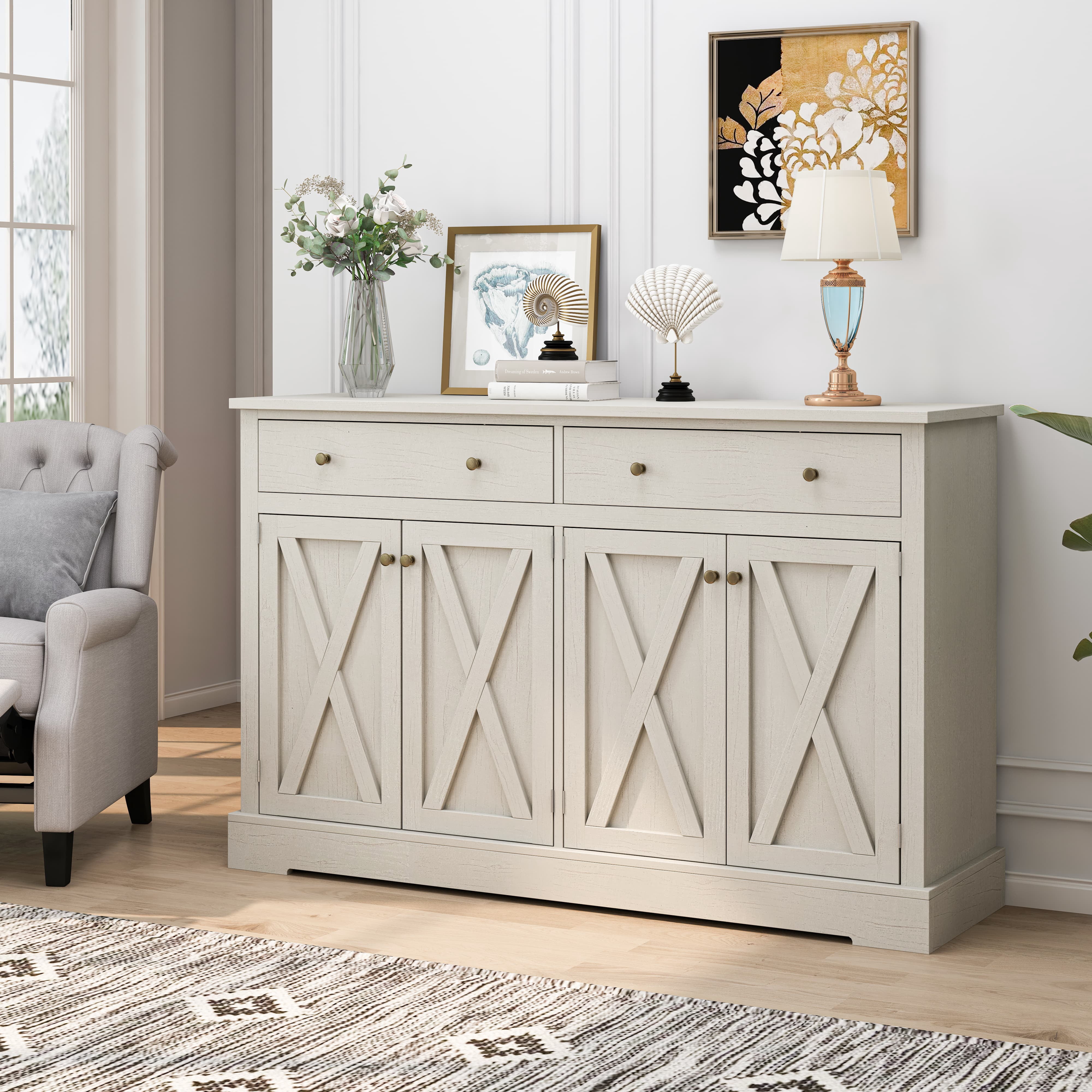 Aukfa 4 Doors Sideboard Buffet Cabinet with 2 Drawers for Living Rooms,Bedroom, White
