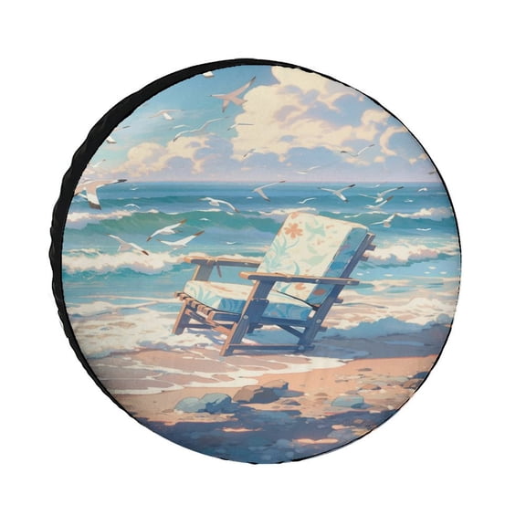 Beach Chairs Ocean Painting-1 Camper Spare Tire Cover Beaches Sunny Day Waterproof Polyester Wheel Protectors Wheel Covers Fit for Trailers SUV Off-Road Vehicle Camper And Trucks 12inch