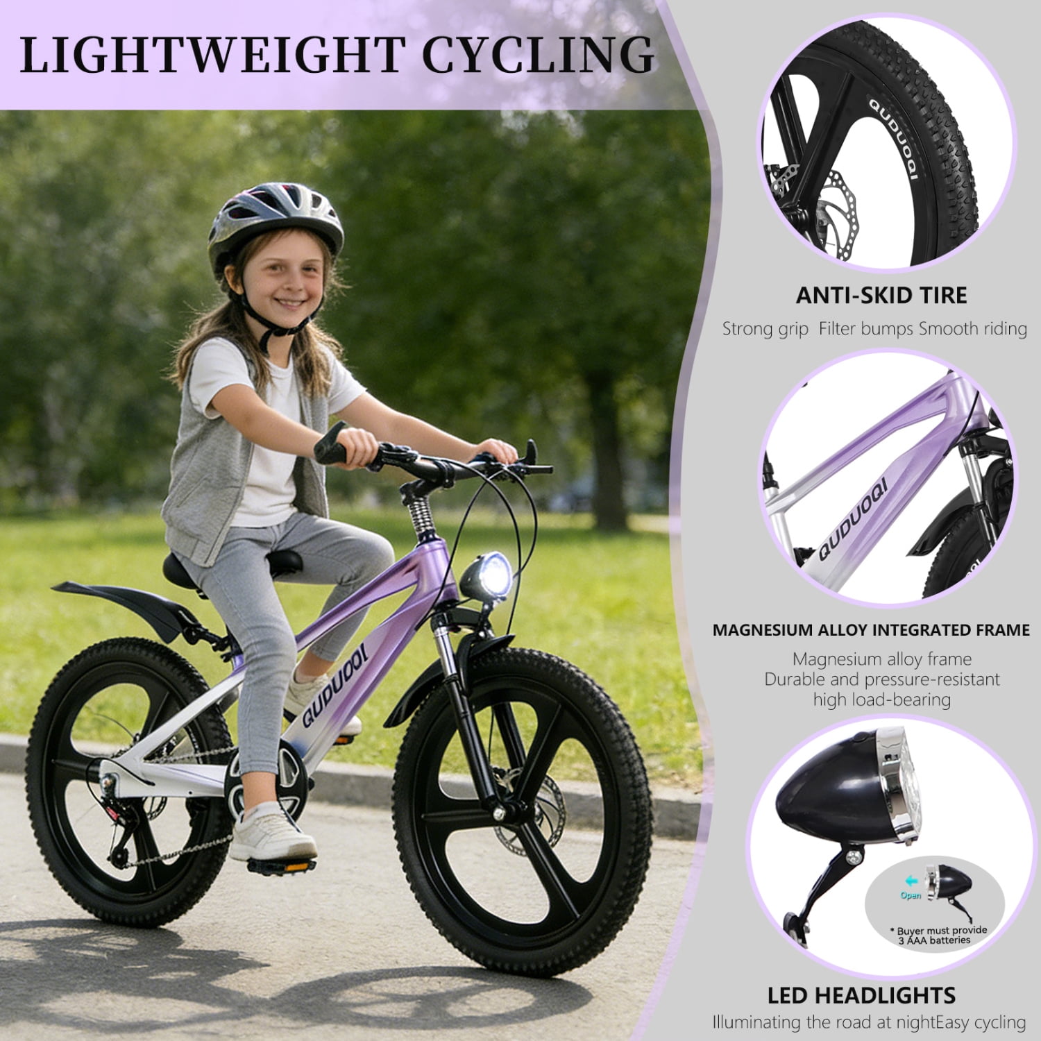 20 Inch Kids Mountain Bike, 7-Speed Kids' Bicycles for Boys and Girls with Dual Disc Brakes, Magnesium Alloy Frame and LED Headlight, Purple
