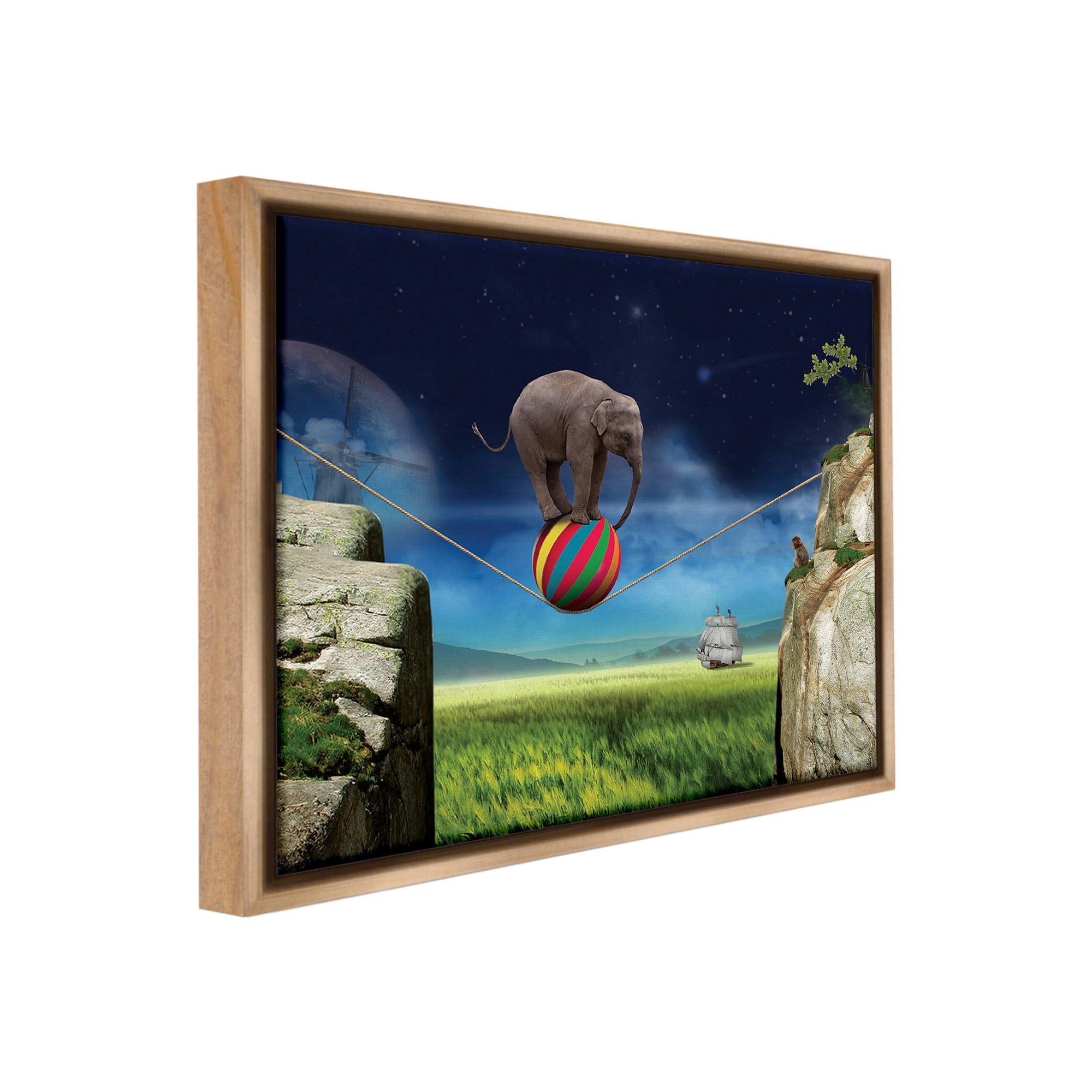 Stupell Industries Elephant Balancing on Ball Animals & Insects Painting Brown Floater Framed Canvas Art Print Wall Art, 31 x 25