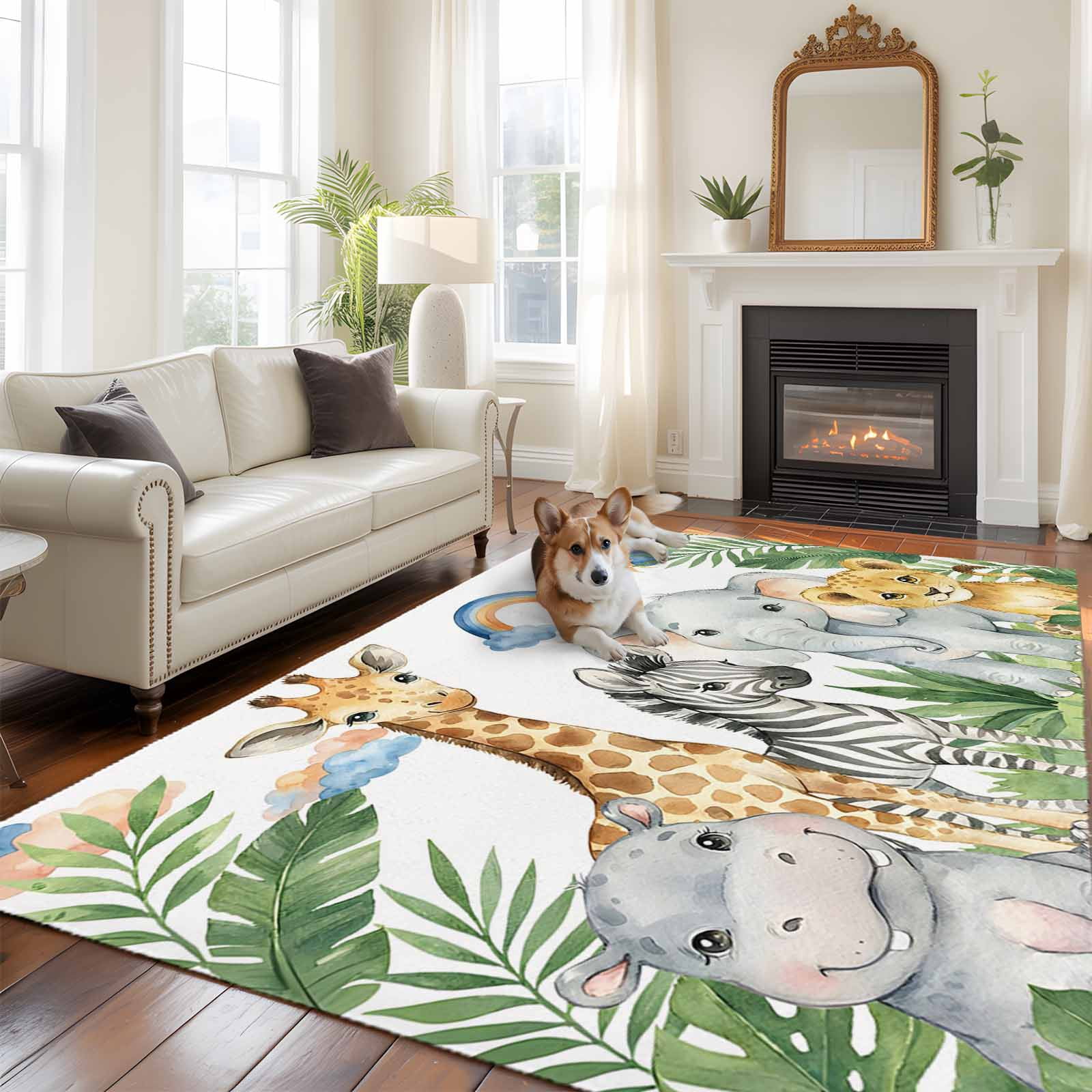 Cute Animals Area Rugs 6'x9', Washable Small Throw Rugs for Kitchen Dining room, Funny Summer Botanical Palm Leaves Indoor Outdoor Rug Non-Slip Low Pile Carpet Runner Reversible Floor Mats