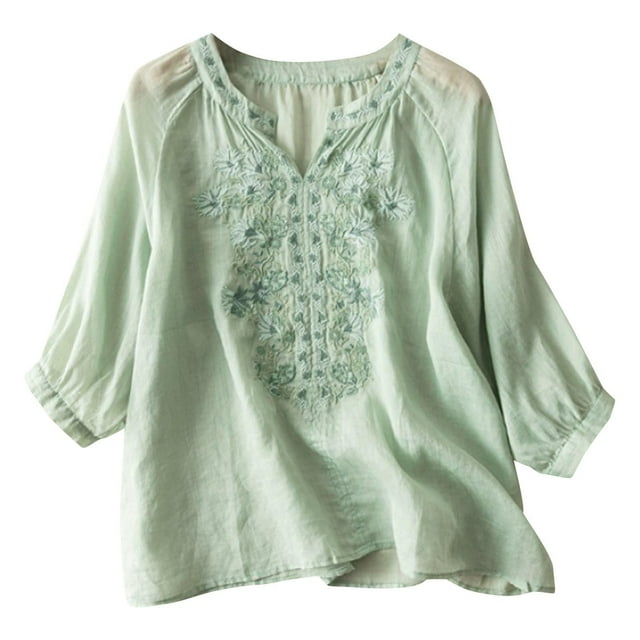 RKSTN Hauts pour Femmes Coton et Lin Brodés Manches Courtes Col Rond Blouses Amples Grande Taille Couleur Unie Hauts Polyvalents