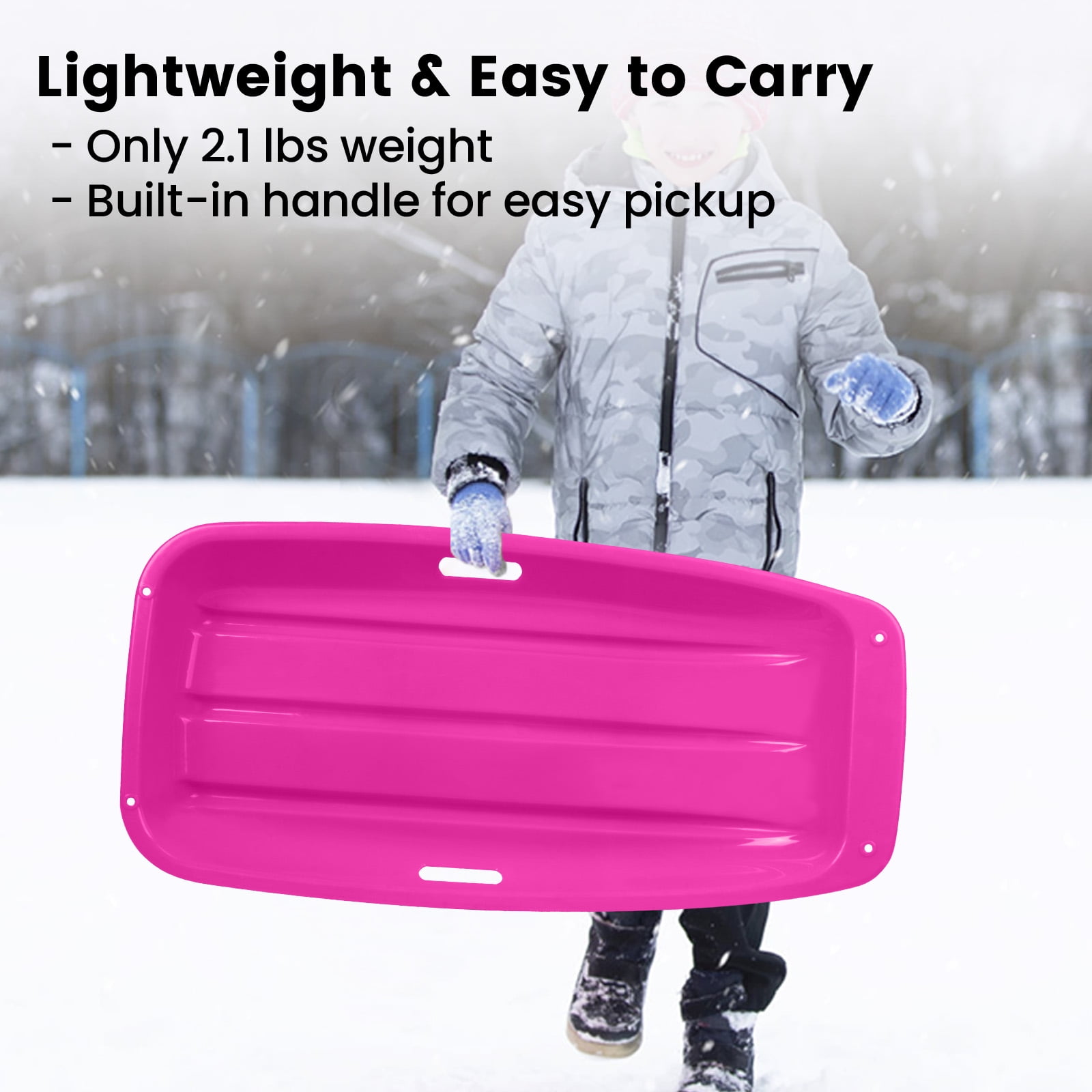 Pink Toboggan Sled, 3FT Heavy-Duty Snow Sled with Built-in Handles and Tow Rope for Family Winter Fun, Gifts for Children