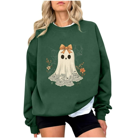 Halloween T Shirts for Women Cute Ghost Fall Spiderweb Bow Graphic Sweatshirts Long Sleeve Spooky Pullover Tops