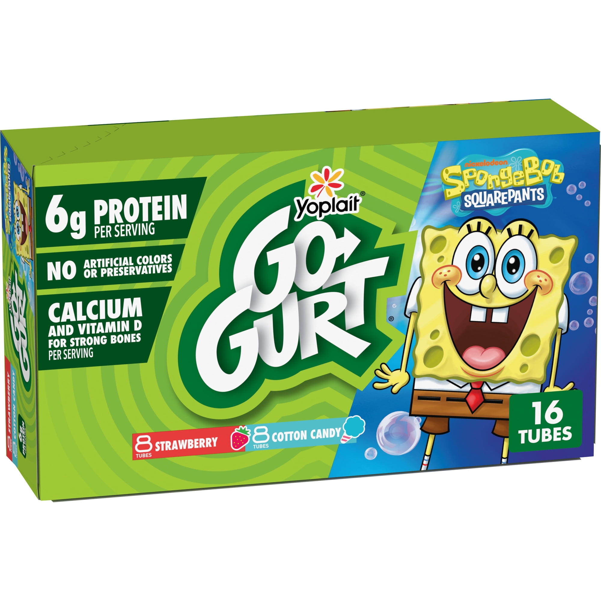 Go-GURT SpongeBob Yogurt Tubes, Strawberry, Cotton Candy, 6g Protein, 16 Count, 32 oz