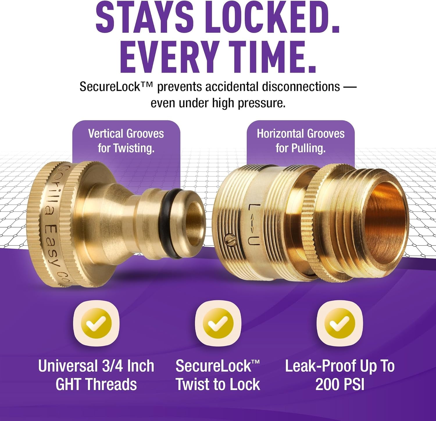 MKEUDQ-Locking Garden Hose Quick Connect Fittings. 3/4 Inch GHT Solid Brass Leak Proof to 200 PSI Heavy Duty