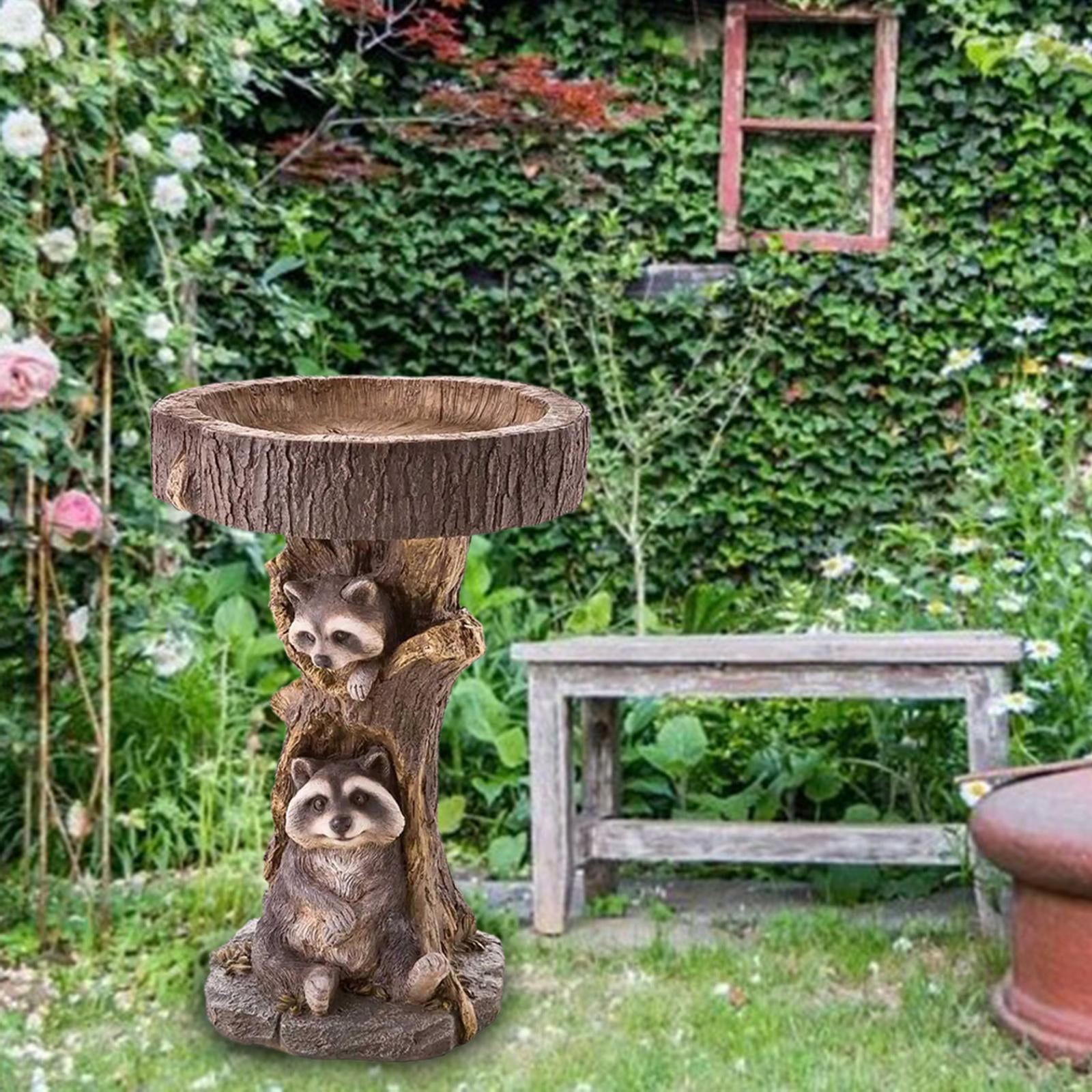 Colaxi Garden Bird Bath Bowl Raccoon Statue Figurine Feeding Station Landscape Lawn Resin Feeder Animal Sculpture for Courtyard Deck