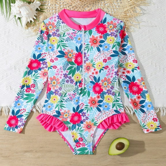 Swimsuits For Girls' Long Sleeved Floral Print Holiday Casual Swimsuit Bathing Suit For Kids