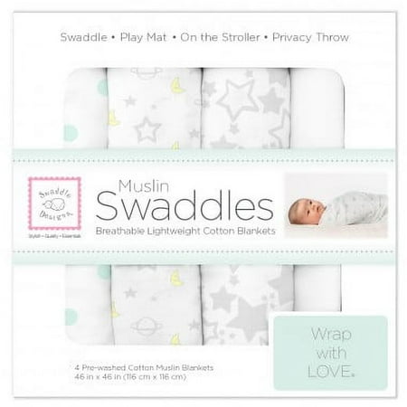 UPC: 0811964020023 | SwaddleDesigns X-Large Cotton Muslin Swaddle Blankets Set of 4 Sterling Starshine