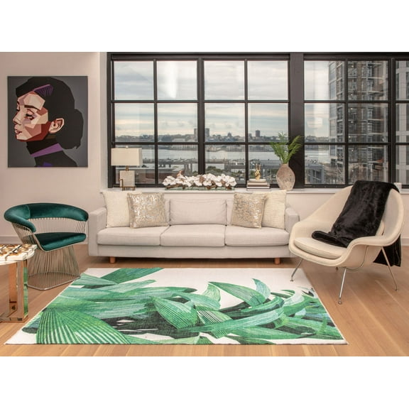 Elizabeth Sutton MI50A White Palm Floral Modern White Area Rug, 7'10"X10'0"