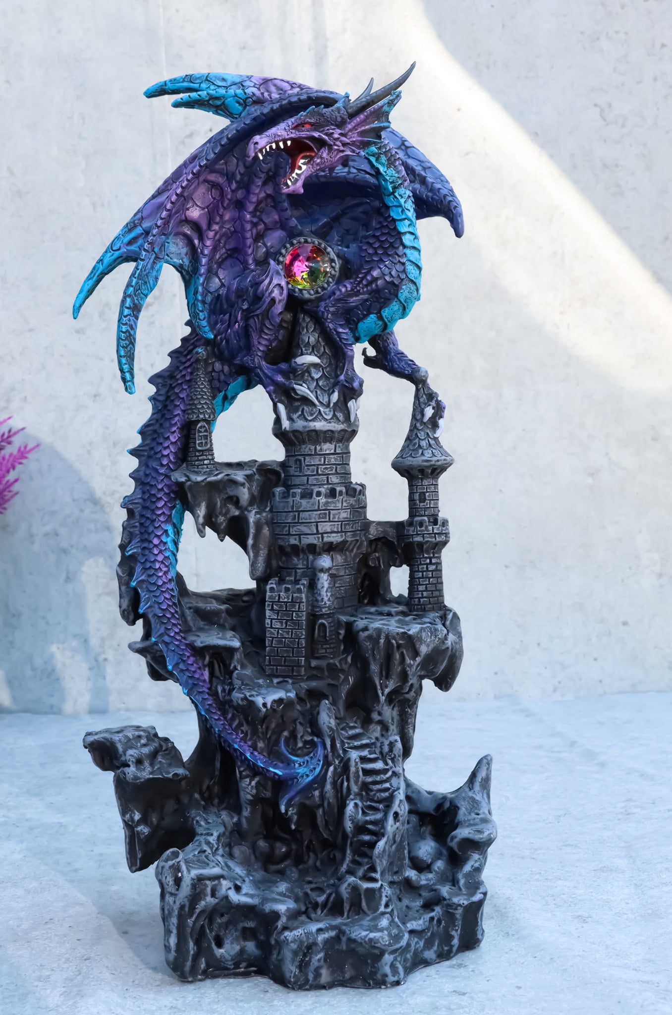 Ebros Hyperion Gemstone Midnight Dragon Protecting Stone Castle Figurine 11.75"H
